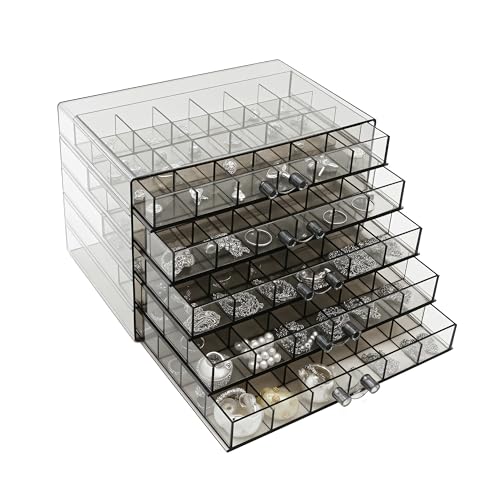 Euedue Clear Grey Acrylic Jewelry Storage Box Earring Jewelry Organizer with 5 Drawers 5Layer Jewelry Box for Women Earring Display Holder for Earrings Ring Bracelet Necklace 120 Grid Storage Box - Image 1