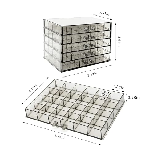 Euedue Clear Grey Acrylic Jewelry Storage Box Earring Jewelry Organizer with 5 Drawers 5Layer Jewelry Box for Women Earring Display Holder for Earrings Ring Bracelet Necklace 120 Grid Storage Box - Image 3