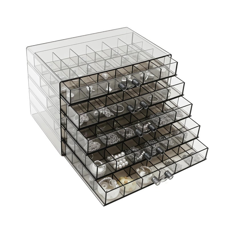 Euedue Clear Grey Acrylic Jewelry Storage Box Earring Jewelry Organizer with 5 Drawers 5Layer Jewelry Box for Women Earring Display Holder for Earrings Ring Bracelet Necklace 120 Grid Storage Box - Image 2