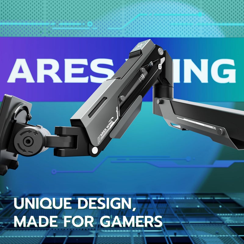ARES WING Heavy Duty Single Monitor Arm - Gas Spring Aluminum Monitor Mount for 24"-57" Ultrawide Screens up to 66 lbs with Clamp/Grommet Desk Mount, 75/100/200 Vesa Mount, Black - Image 2