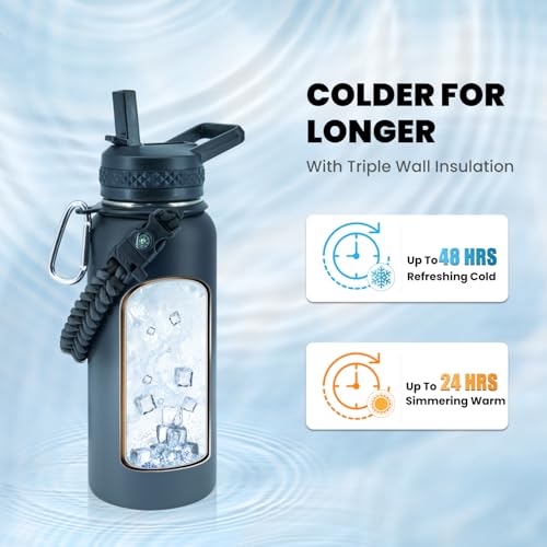 RAYMYLO Insulated Water Bottle 32 oz, Triple Wall Vacuum Stainless Steel (Cold for 48 Hrs), Leak Proof & Non-BPA, Modern Water Flask Jug with Paracord Handle & Straw Spout Lids, Dark Grey - Image 2