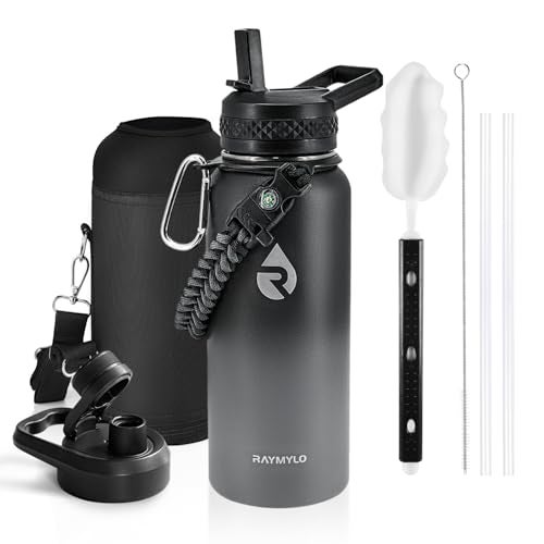 RAYMYLO Insulated Water Bottle 32 oz, Triple Wall Vacuum Stainless Steel (Cold for 48 Hrs), Leak Proof & Non-BPA, Modern Water Flask Jug with Paracord Handle & Straw Spout Lids, Dark Grey - Image 1