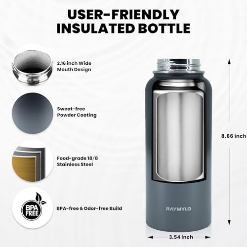 RAYMYLO Insulated Water Bottle 32 oz, Triple Wall Vacuum Stainless Steel (Cold for 48 Hrs), Leak Proof & Non-BPA, Modern Water Flask Jug with Paracord Handle & Straw Spout Lids, Dark Grey - Image 5