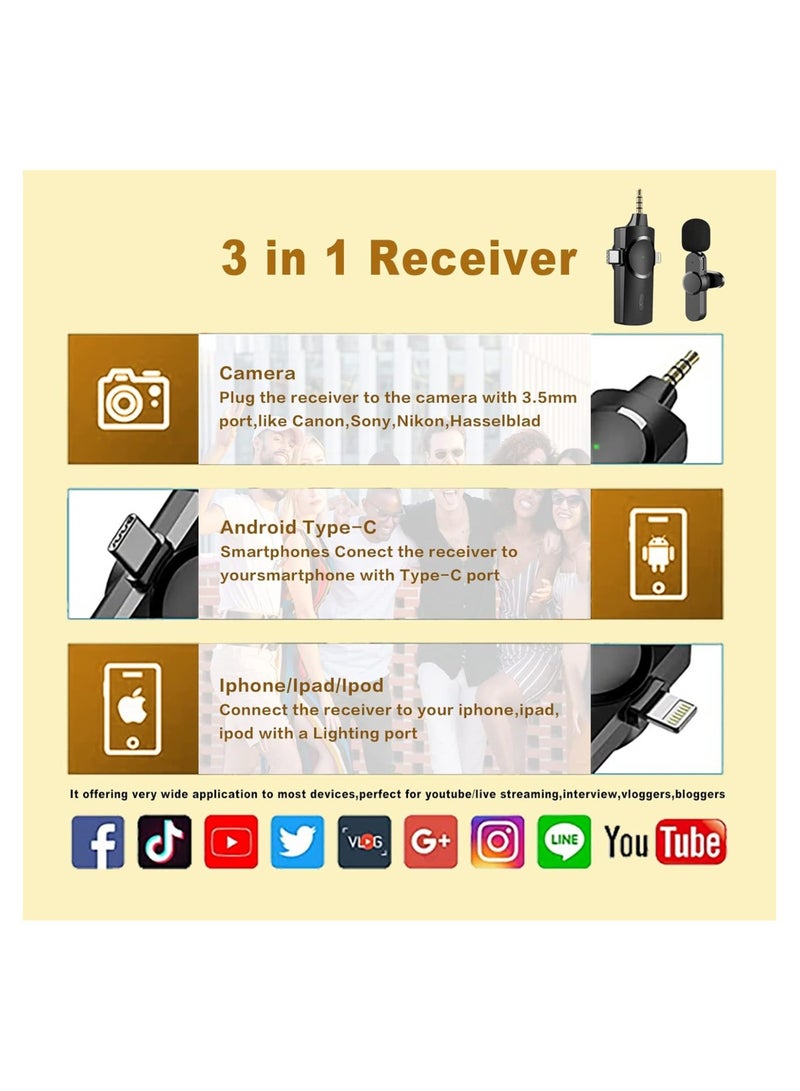إلترازون ميكروفون لافالير لاسلكي، ميكروفون 3 في 1 قابل للتشغيل لكاميرا iPhone iPad Android للتسجيل، يوتيوب، تيك توك، فيسبوك لايف ستريم، مزامنة تلقائية لتقليل الضوضاء (لا حاجة إلى تطبيق أو بلوتوث) - Image 2
