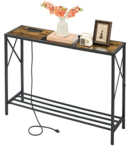 Tajsoon Console Table with Charging Station, 41.8" Entryway Table with Shelves, 2-Tier Narrow Sofa Table, Long Behind - Image 1