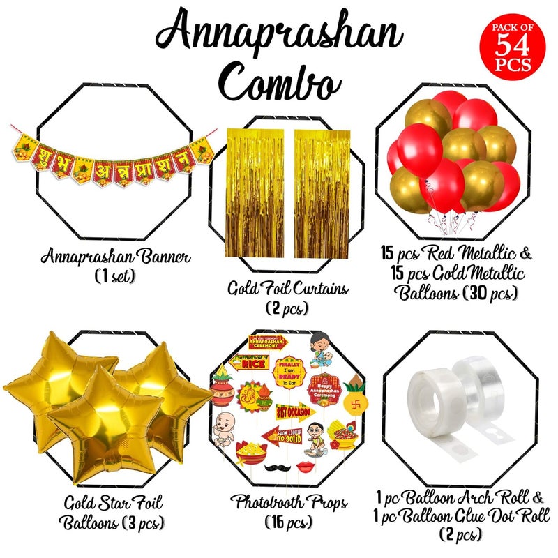 Partyjoy Shubh Annaprashan Decorations Kit | Annaprasanam Decorations Set with Paper Banner, Balloons, Star Foil Balloons, and Photo Booth Props | Pack of 54 - Image 2