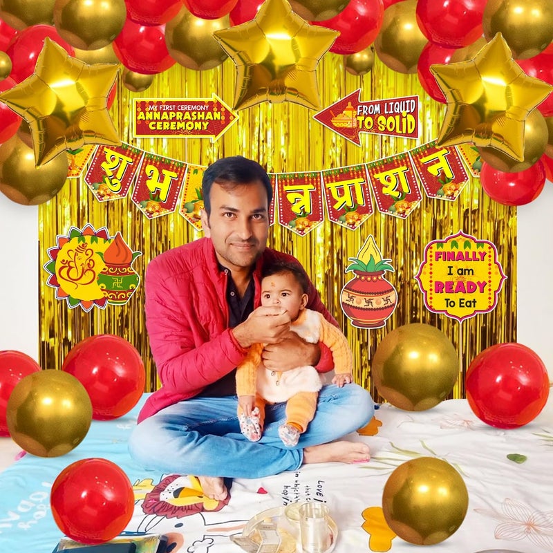 Partyjoy Shubh Annaprashan Decorations Kit | Annaprasanam Decorations Set with Paper Banner, Balloons, Star Foil Balloons, and Photo Booth Props | Pack of 54 - Image 5