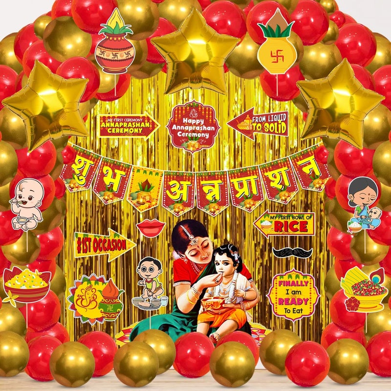 Partyjoy Shubh Annaprashan Decorations Kit | Annaprasanam Decorations Set with Paper Banner, Balloons, Star Foil Balloons, and Photo Booth Props | Pack of 54 - Image 1