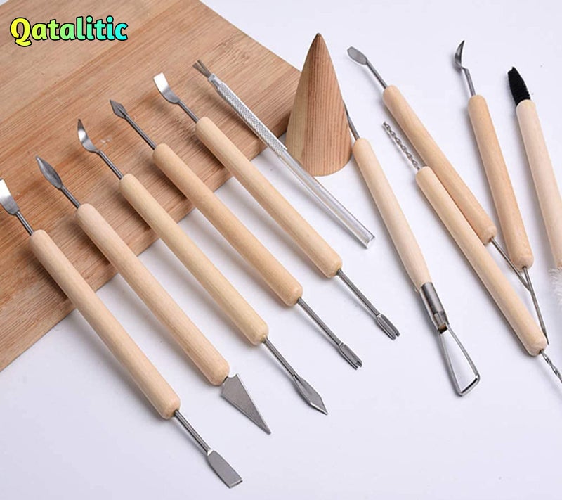 Qatalitic 11 Pcs Ceramic Wooden Handle Professional Tools Kit for Clay Pottery, Sculpting, Scraping, Cutting, Fine Detailing, Smoothening, Shaping and Trimming - Image 2