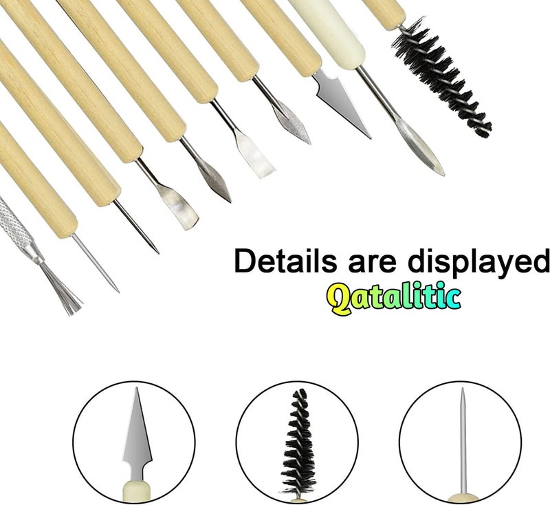 Qatalitic 11 Pcs Ceramic Wooden Handle Professional Tools Kit for Clay Pottery, Sculpting, Scraping, Cutting, Fine Detailing, Smoothening, Shaping and Trimming - Image 3