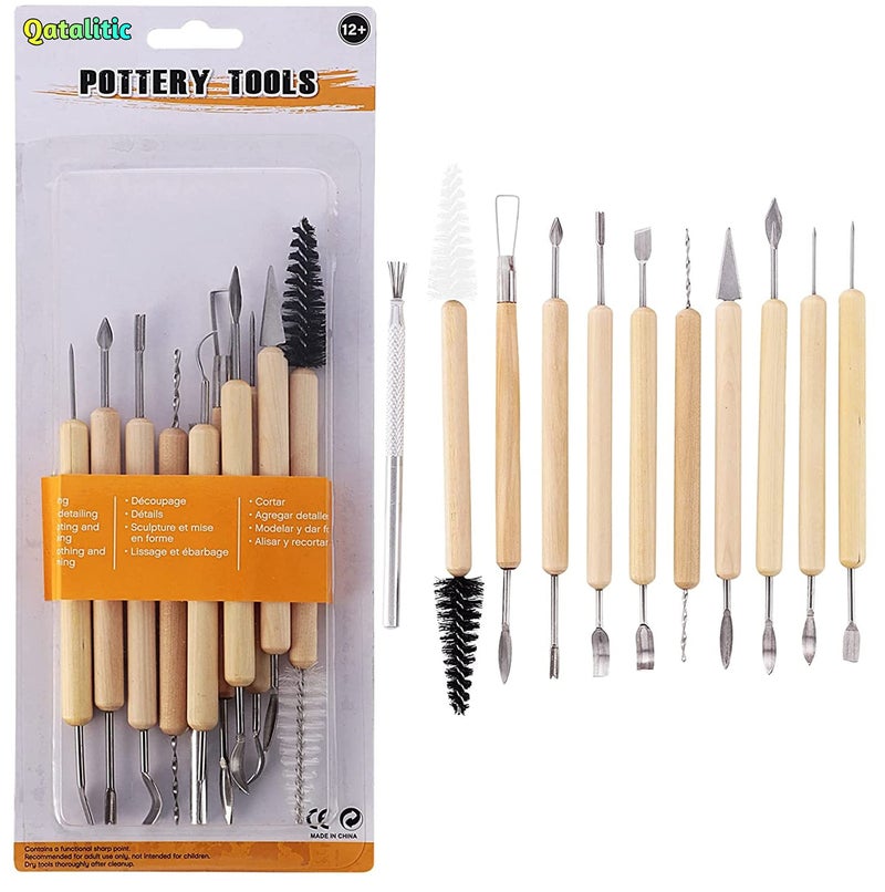 Qatalitic 11 Pcs Ceramic Wooden Handle Professional Tools Kit for Clay Pottery, Sculpting, Scraping, Cutting, Fine Detailing, Smoothening, Shaping and Trimming - Image 1