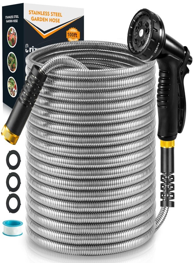 Crixny Heavy Duty 100FT Stainless Steel Garden Hose - Flexible Metal Water Hose with 10 Function Nozzle for Outdoor Use - Image 1
