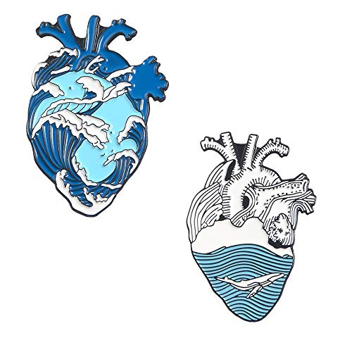 KOOBOOK 2Pcs Blue Romantic Ocean Wave Whale Brooch Human Heart Enamel Pin Lapel pins Heart Anatomy Badges - Image 1