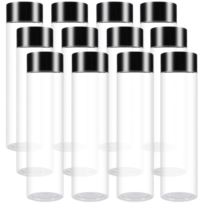 12 PACK 12 OUNCE PET EMPTY JUICE BOTTLES WITH LIDS REUSABLE CLEAR DRINK CONTAINERS FOR STORING JUICE MILK SMOOTHIE OR HOMEMADE BEVERAGES