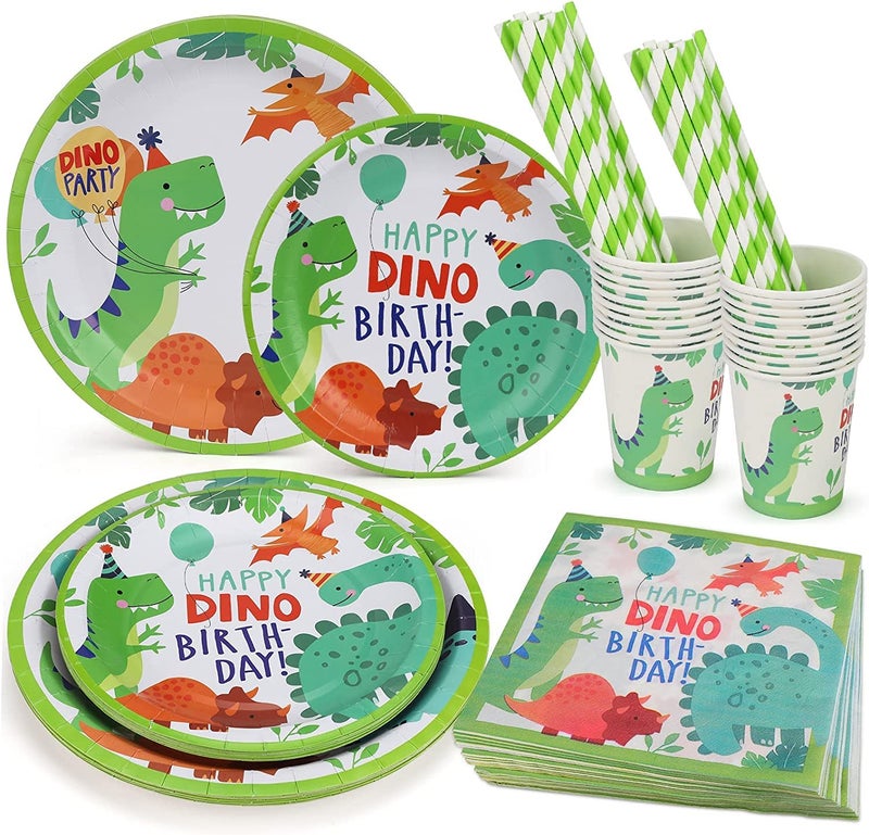 Funvalley Superfect Dinosaur Tableware Set  120 Piece Party Pack with Plates Cups and Napkins in Green Paper  Jungle Safari Decoration for Kids