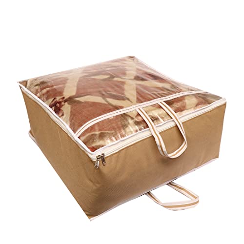 AARON INC Present 1 Piece Non Woven Blanket Cover With Handle, Transparent Clear Window, Large Size Under Bed Storage Bag (Beige) - Image 1