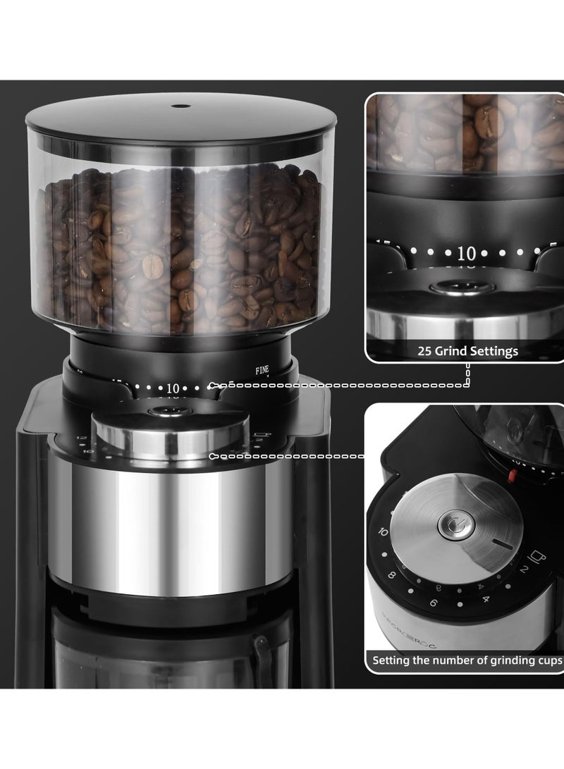 SYOSI Electric Coffee Grinder, Coffee Bean Grinder with 25 Precise Settings for Drip, French Press, Cold Brew, Espresso Grinder with 51-53mm Portafilter Holder, 2-12 Cups Timer, for Home Use - Image 2
