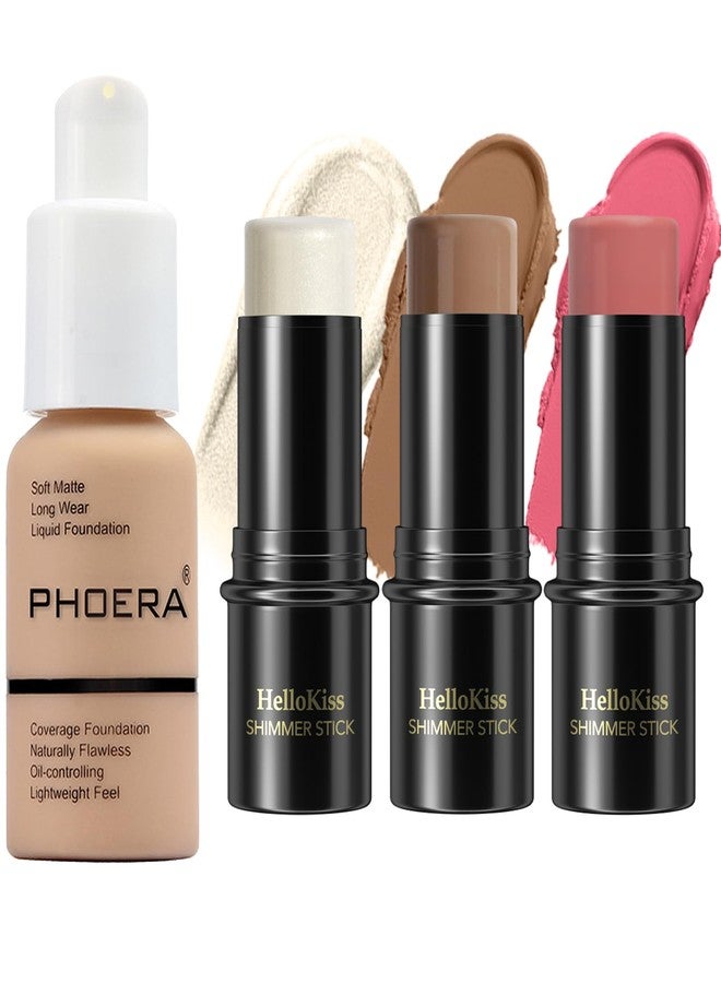 Hilareco PHOERA Foundation,3 PCS Contour Stick Makeup Kit,Shades with Highlighter Stick,Blush Stick and Bronzer Contour (104+Light-Medium Contour/Buff Beige+#02,#10,#12) - Image 1