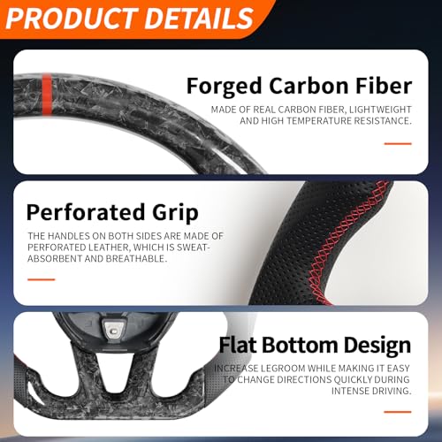 JIANGGAI Breathable Anti-skid Forged Carbon Fiber Steering Wheel with Red Stitching & Indicator Compatible with Dodge Challenger/Charger/Hummer Cat 2015-2020 - Image 3