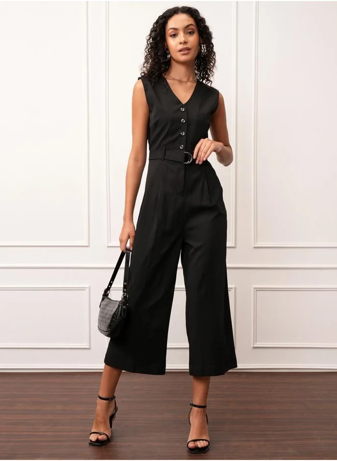 Tokyo Talkies Solid V-Neck Buttoned Culotte Leg Jumpsuit with Belt