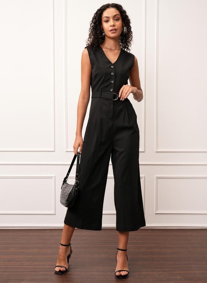 Tokyo Talkies Tokyo Talkies Solid V-Neck Buttoned Culotte Leg Jumpsuit with Belt  - Image 1