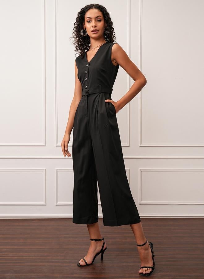 Tokyo Talkies Tokyo Talkies Solid V-Neck Buttoned Culotte Leg Jumpsuit with Belt  - Image 3