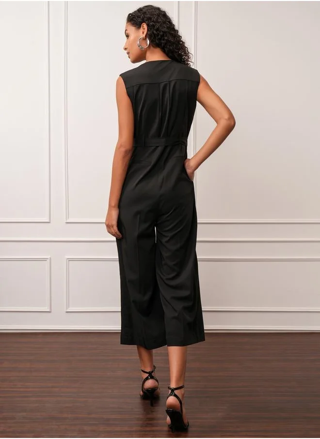 Tokyo Talkies Solid V-Neck Buttoned Culotte Leg Jumpsuit with Belt