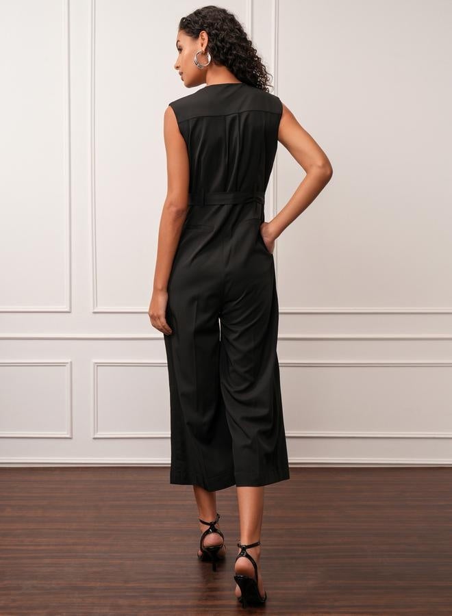 Tokyo Talkies Tokyo Talkies Solid V-Neck Buttoned Culotte Leg Jumpsuit with Belt  - Image 2