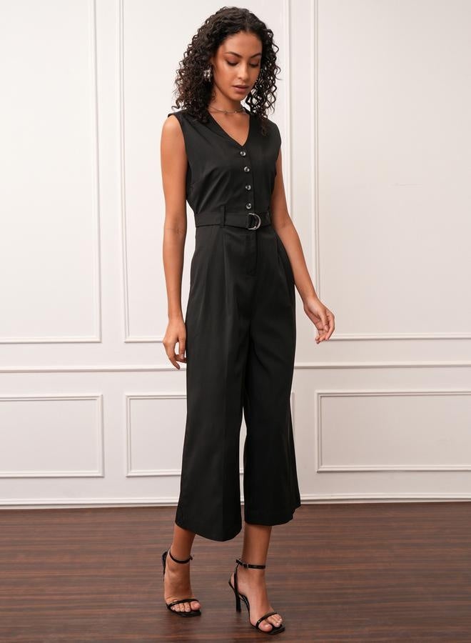 Tokyo Talkies Tokyo Talkies Solid V-Neck Buttoned Culotte Leg Jumpsuit with Belt  - Image 5