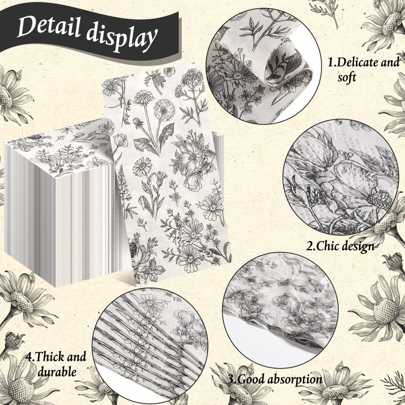 Tatuo Floral Paper Napkins Disposable Black and White Floral Napkins Vintage Flowers Guest Hand Towels for Bathroom Wedding Birthday Tea Luncheon Dinner Party Supplies(100 Pack,13 x 15.8 Inch) - Image 3