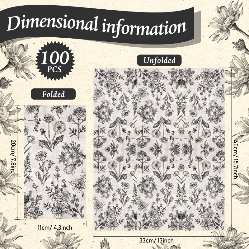 Tatuo Floral Paper Napkins Disposable Black and White Floral Napkins Vintage Flowers Guest Hand Towels for Bathroom Wedding Birthday Tea Luncheon Dinner Party Supplies(100 Pack,13 x 15.8 Inch) - Image 2