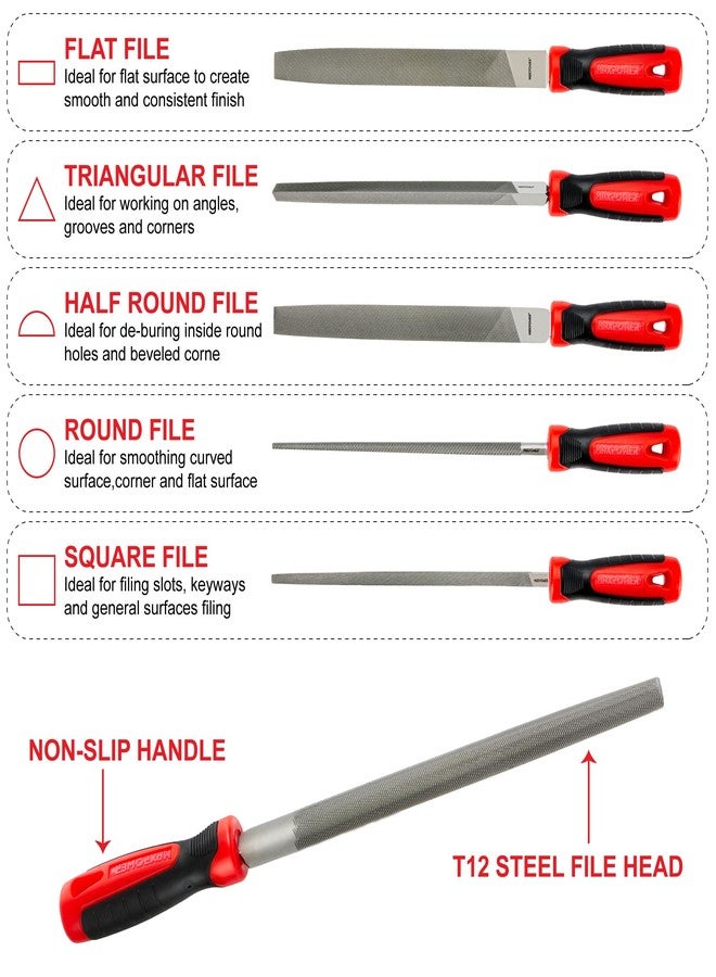 MAXPOWER 10-inch Metal File Set, 5 Pieces Hand Files Including Flat, Round, Half-Round, Triangle and Square, Soft Grip Handle, File Set for Wood, Metal Work and DIY - Image 3