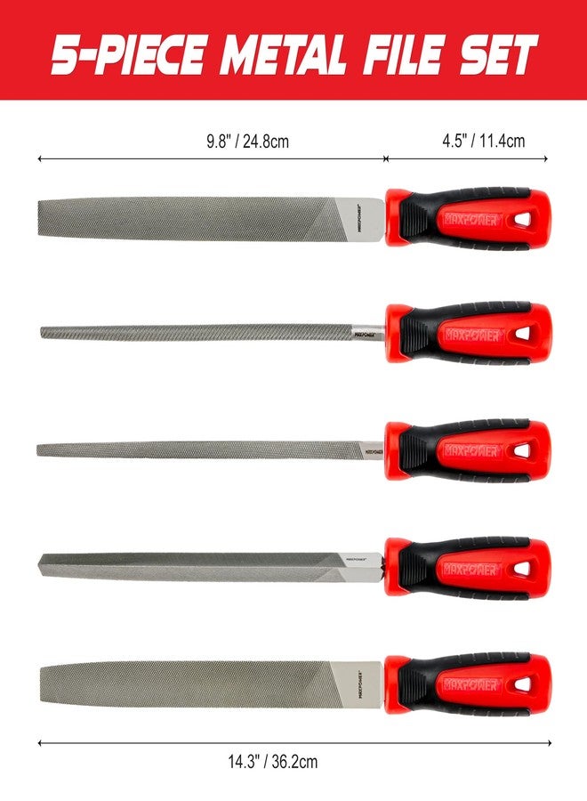 MAXPOWER 10-inch Metal File Set, 5 Pieces Hand Files Including Flat, Round, Half-Round, Triangle and Square, Soft Grip Handle, File Set for Wood, Metal Work and DIY - Image 2