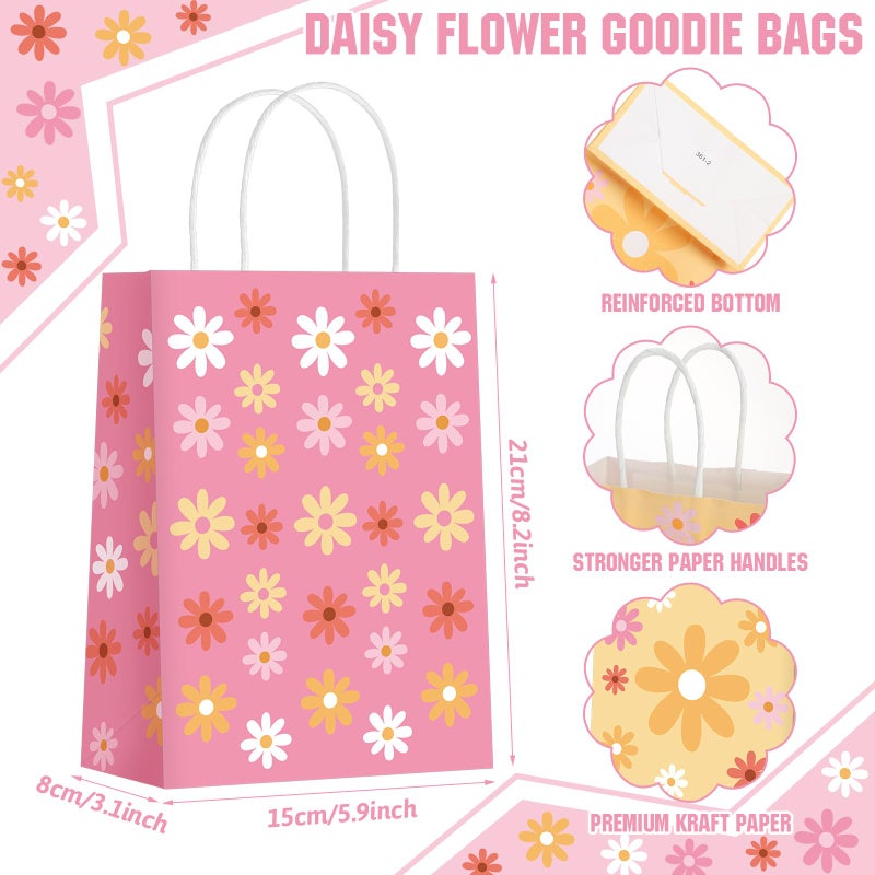 Glenmal 24 Pcs Daisy Flower Gift Bags Bulk Pink Flower Gift Bags Boho Daisy Party Favors Goodie Bag with Handles for Wedding Retro Birthday Spring Party Decorations Supplies, 6 Styles - Image 2