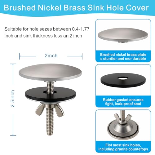 XNTONG 2 Inch Kitchen Sink Hole Cover, Solid Brass Faucet Hole Cover, Brushed Nickel Finish Tap Hole Plate Stopper Cover, Countertop Hole Cover for Kitchen and Bathroom Sinks (Brushed Nickel) - Image 2