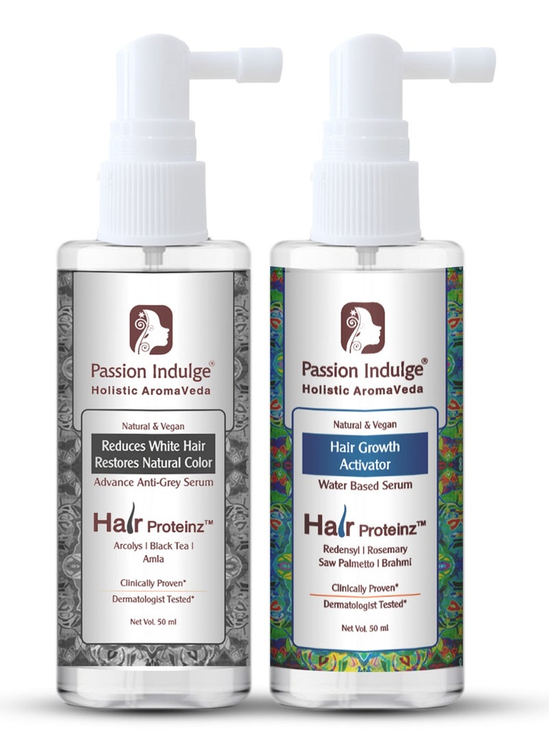 Passion Indulge Hair Growth & Anti-Grey Hair Serum Combo | With Redensyl, Rosemary, Saw Palmetto & Brahmi for Hair Growth | Arcolys, Amla & Black Tea for Premature Greying | Unisex | 2 x 50ml - Image 1