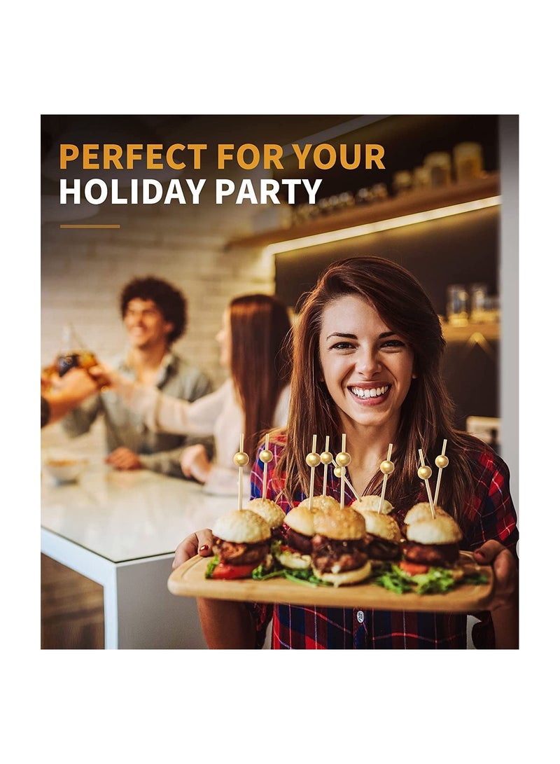 SYOSI عصي كوكتيل، 100 قطعة عيدان أسنان كوكتيل طبيعية من الخيزران، عصي تزيين كوكتيل فاخرة، لؤلؤة ذهبية 4.7 بوصة للاختيارات للمقبلات/تزيين المشروبات/الشواء/الحفلات/الزفاف - Image 4