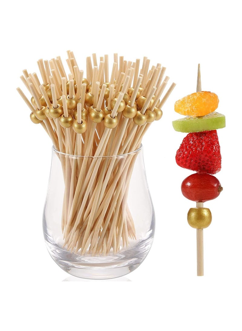 SYOSI عصي كوكتيل، 100 قطعة عيدان أسنان كوكتيل طبيعية من الخيزران، عصي تزيين كوكتيل فاخرة، لؤلؤة ذهبية 4.7 بوصة للاختيارات للمقبلات/تزيين المشروبات/الشواء/الحفلات/الزفاف - Image 1
