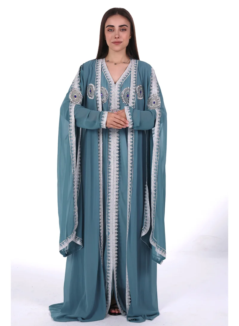 AL BENT AL SHARQIEH Petrol Blue belted elegant kaftan dress for Women | Best Price UAE
