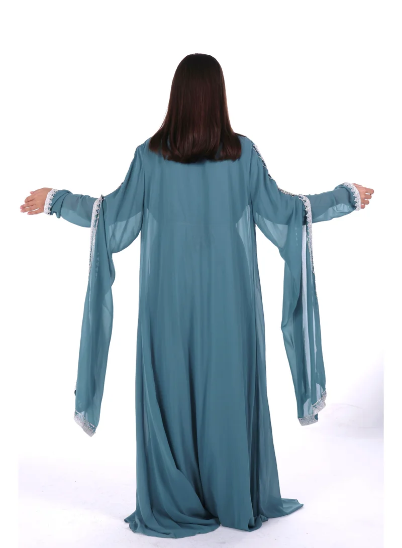 AL BENT AL SHARQIEH Petrol Blue belted elegant kaftan dress for Women | Best Price UAE