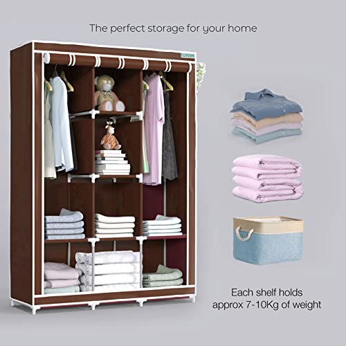 FLIPZON Metal 6 + 2 Shelves 3 Door Fancy Collapsible Wardrobe For Clothes Racks With Zip Door Cover & Side Pockets, Foldable Diy(Do-It-Yourself), Brown - Image 2