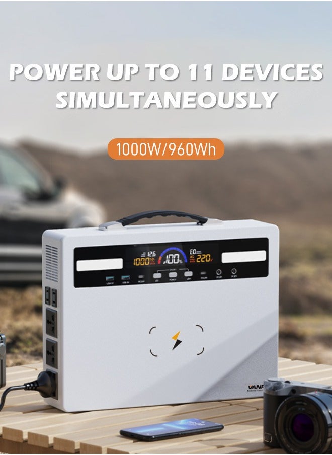 VANPA Portable Power Station 1000W Max 960Wh Solar Generator With Lithium Battery, Large Capacity With 11-ports, Wireless Charging, LED Light Backup Powerbank For Camping  - Image 3