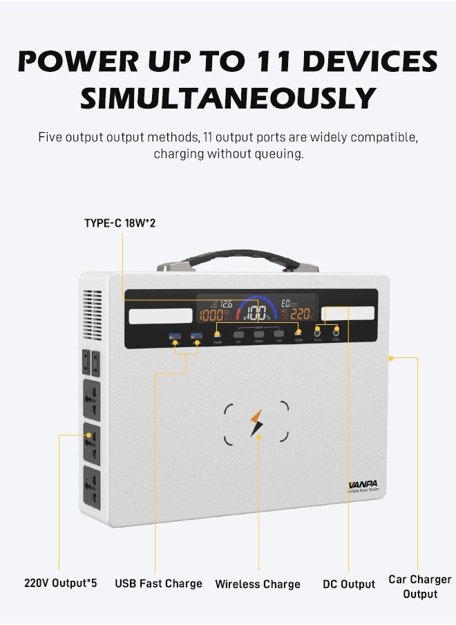 VANPA Portable Power Station 1000W Max 960Wh Solar Generator With Lithium Battery, Large Capacity With 11-ports, Wireless Charging, LED Light Backup Powerbank For Camping  - Image 5