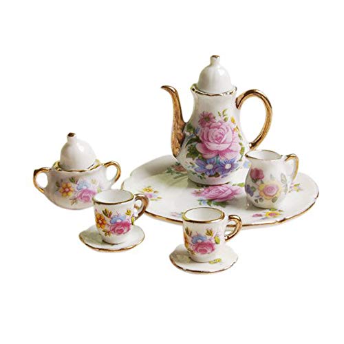 SXFSE Dollhouse Decoration Kitchen Accessories 8pcs Dining Ware Porcelain Tea Cup Set Pink Dish Cup Plate with Golden Trim 16 Dollhouse Miniature - Image 1
