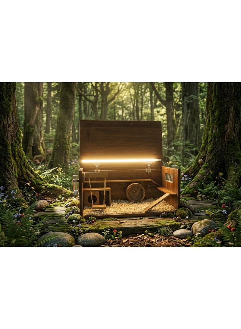 Hany Wood Royal Hamster Palace - Waterproof and moisture-resistant HPL countertop - Glass front and LED lighting - Includes silent wooden wheel and gift set: 2 x 250g candy shavings + coloring book - Image 3