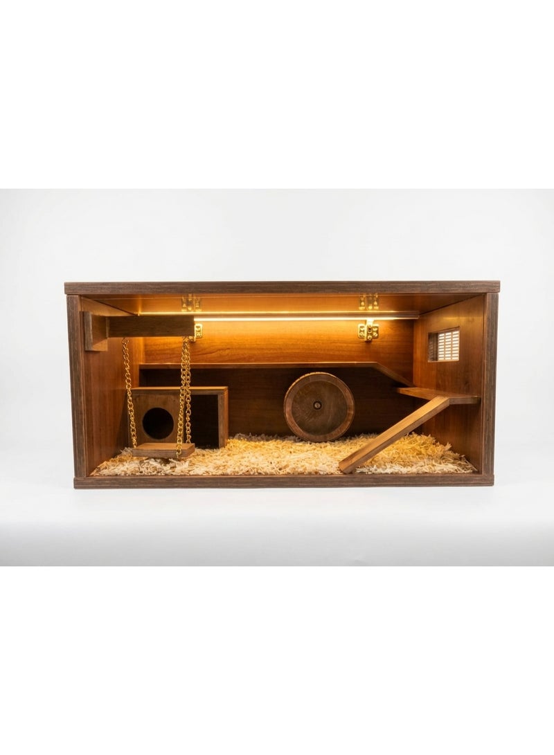 Hany Wood Royal Hamster Palace - Waterproof and moisture-resistant HPL countertop - Glass front and LED lighting - Includes silent wooden wheel and gift set: 2 x 250g candy shavings + coloring book - Image 4