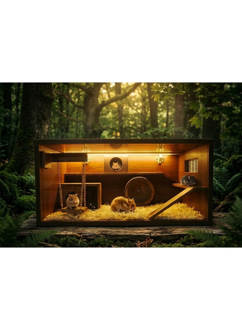 Hany Wood Royal Hamster Palace - Waterproof and moisture-resistant HPL countertop - Glass front and LED lighting - Includes silent wooden wheel and gift set: 2 x 250g candy shavings + coloring book - Image 1