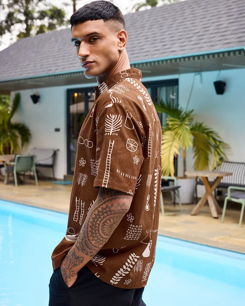 bewakoof Men's Rust Brown All Over Printed Oversized Shirt
