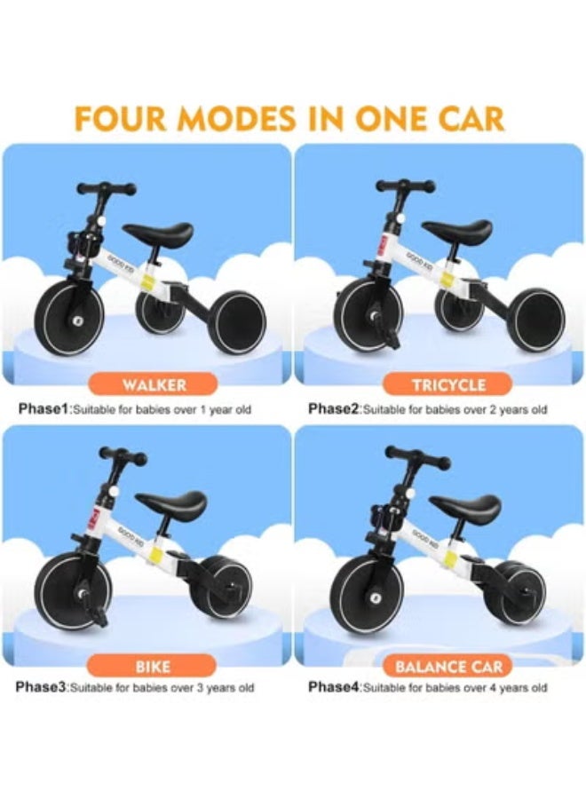JAJEEK 4-in-1 Kids Balance Bike & Tricycle – Adjustable Seat Toddler Ride-On for 1–4 Years | Indoor & Outdoor Push Trike Toy | Convertible First Bike & Birthday Gift for Boys & Girls – White - Image 3
