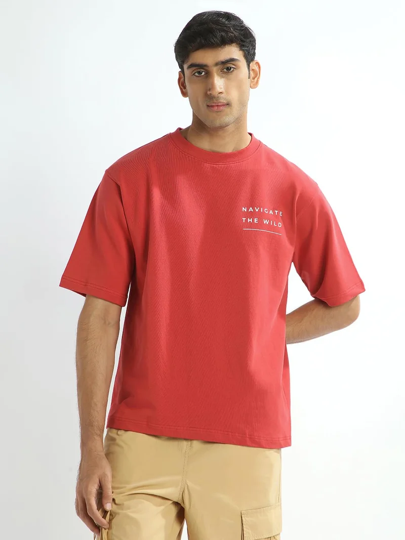 NOBERO Men's Red Printed Oversized T-Shirt